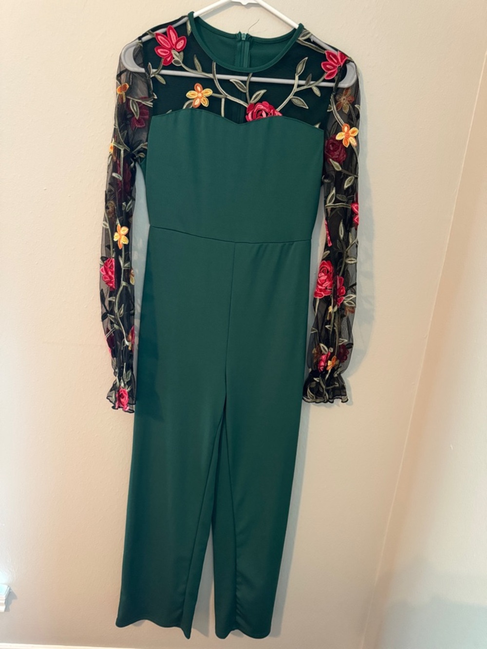 SHEIN Emerald Jumpsuit with Floral Embroidered Mesh Sleeves